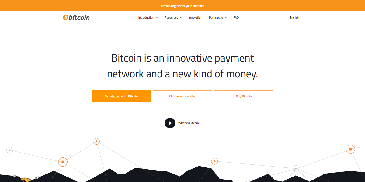 ตัวอย่างหน้าเว็บไซต์ทางการภาษาอังกฤษของ Bitcoin.org