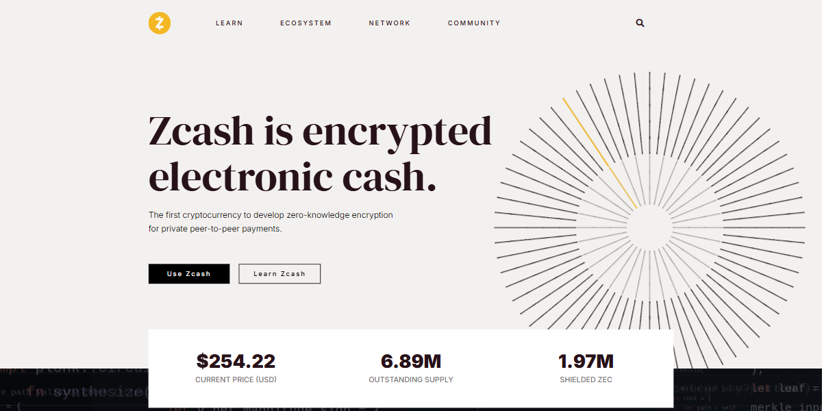 Prévia da página de informações do Zcash